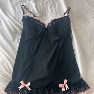 Victoria’s Secret - Black and Pink Teddy Top with Pink Corset Details